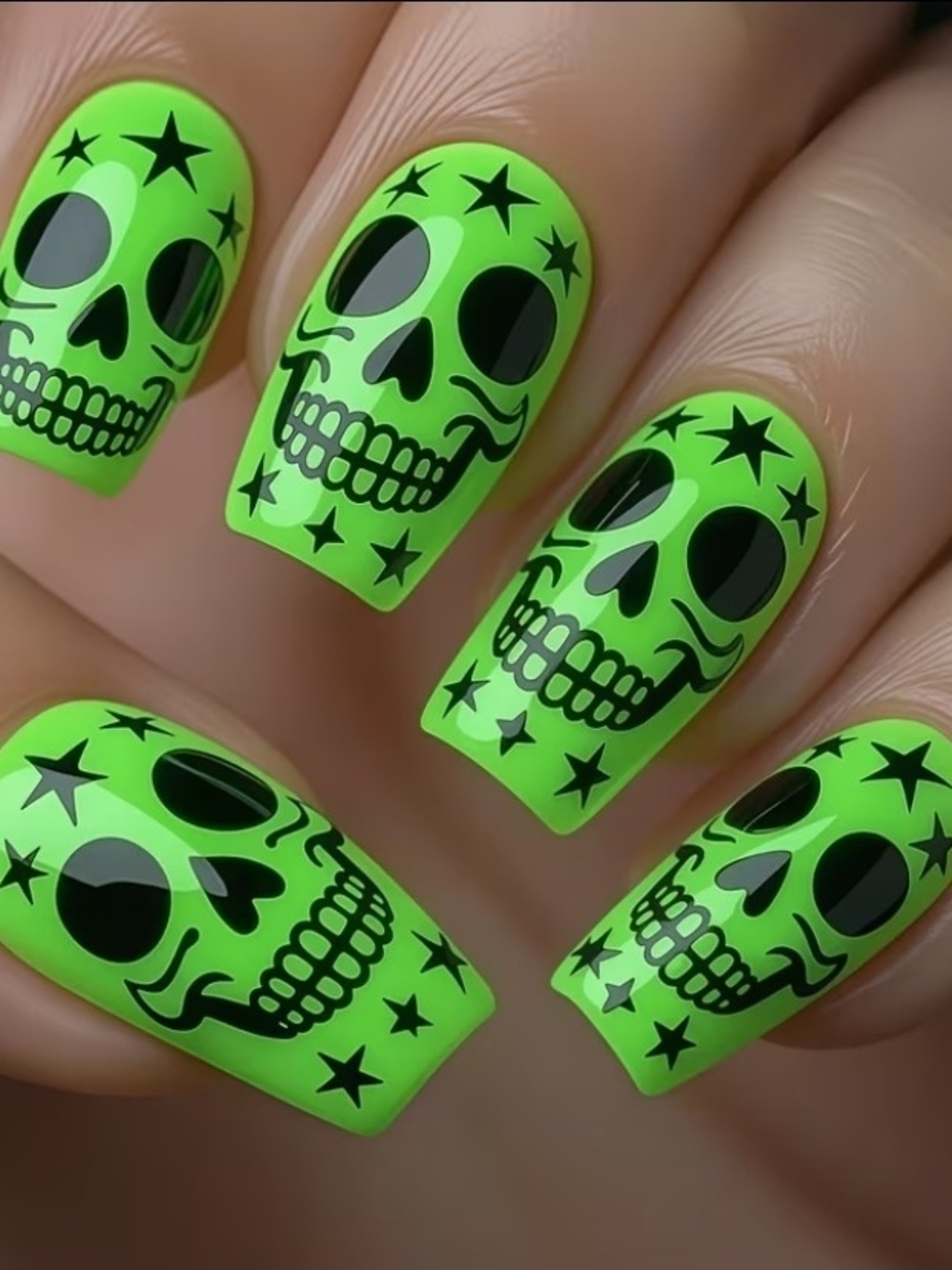 Neon Green Skull Press On Nails New